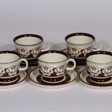 Arabia Katrilli kahvikupit, ruskea, 5 kpl, suunnittelija Esteri Tomula, serikuva