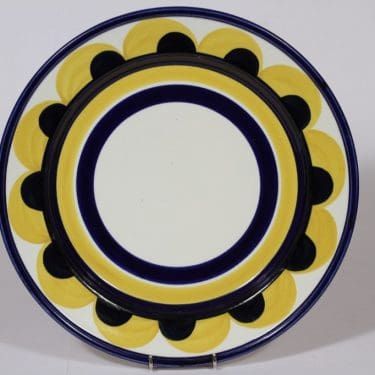 Arabia Paju vati, sininen-keltainen, suunnittelija Anja Jaatinen-Winquist, suuri, käsinmaalattu, retro