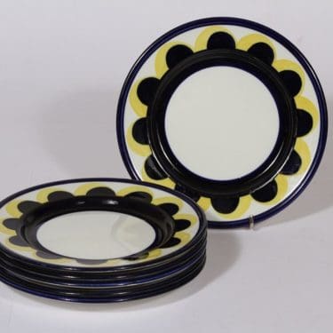 Arabia Paju lautaset, sininen-keltainen, 6 kpl, suunnittelija Anja Jaatinen-Winquist, pieni, käsinmaalattu, retro