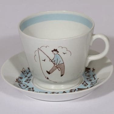 Arabia Harraste kuppi ja lautanen, 50 cl, suunnittelija , 50 cl, suuri, serikuva, kalastaja-aihe