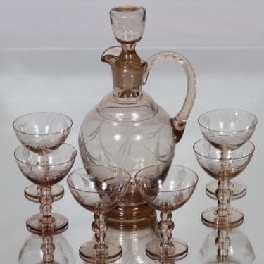 Kumela 517=2803 karahvi ja lasit, kirkas, 6 kpl, suunnittelija Ilmari Kumela,