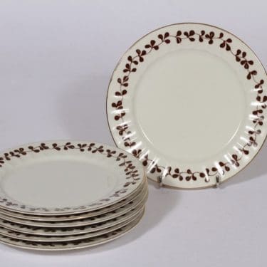 Arabia Vanamo lautaset, ruskea, 7 kpl, suunnittelija Esteri Tomula, pieni, serikuva, lehtiaihe