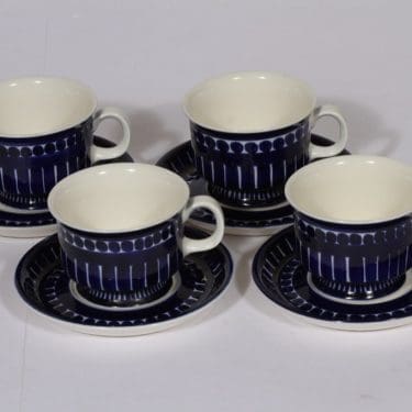 Arabia Valencia kahvikupit, sininen, 4 kpl, suunnittelija Ulla Procope, käsinmaalattu, signeerattu