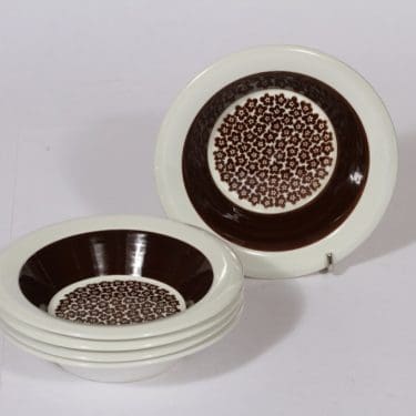 Arabia Faenza jälkiruokalautaset, ruskea, 5 kpl, suunnittelija , pieni, syvä, serikuva