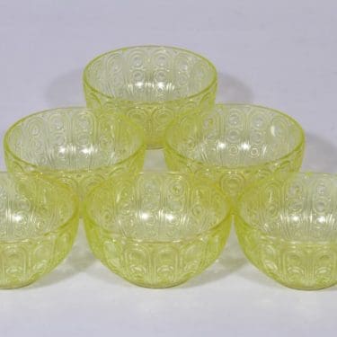 Riihimäen lasi Riikinkukko annoskulhot, keltainen, 6 kpl, suunnittelija Nanny Still,