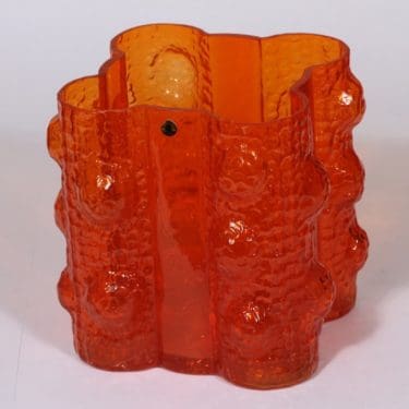 Riihimäen lasi Quadrifolia maljakko, oranssi, suunnittelija Nanny Still, suuri, massiivinen, retro