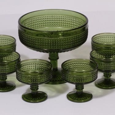 Riihimäen lasi Barokki kulho ja jälkiruokakulhot, vihreä, 6 kpl, suunnittelija Erkkitapio Siiroinen,