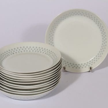 Arabia Helmi lautaset, pieni, 12 kpl, suunnittelija Friedl Holzer-Kjellberg, pieni, riisiposliini, massasigneerattu