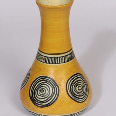 Kupittaan savi 4 maljakko, keltainen, suunnittelija Laila Zink, käsinmaalattu, retro, signeerattu