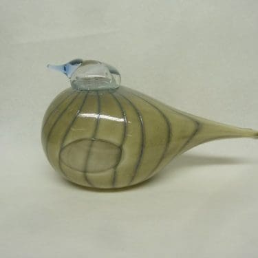 Nuutajärvi company bird, greenish, designer Oiva Toikka, striped, signed