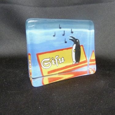 Iittala glass card, Sisu Pingviini, made to order, designer Heljä Liukko-Sundström, silk screening, clear