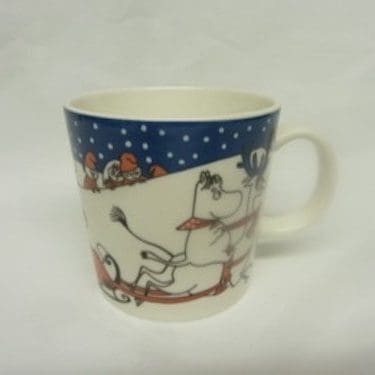 Arabia Muumi muki, Joulutervehdys, suunnittelija Tove Slotte, Tove Jansson, Joulutervehdys, serikuva, muumi-aihe