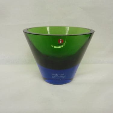 Nuutajärvi taidelasimalja, vihreä, sininen, suunnittelija Kerttu Nurminen, Nuutajärvi 125 vuotta