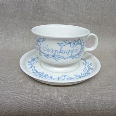 Arabia Sininen keittiö teekuppi, Isän Kuppi, suunnittelija Raija Uosikkinen, Isän Kuppi, painokoriste