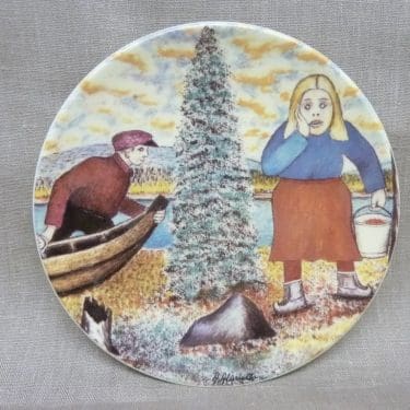 Arabia koristelautanen, Luonnon Helmassa, suunnittelija Andreas Alariesto, Luonnon Helmassa, serikuva, Lappi-aihe, naivistinen