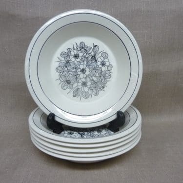 Arabia Krokus lautaset, mustavalkoinen, 6 kpl, suunnittelija Esteri Tomula, syvä