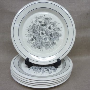 Arabia Krokus lautaset, mustavalkoinen, 6 kpl, suunnittelija Esteri Tomula, matala