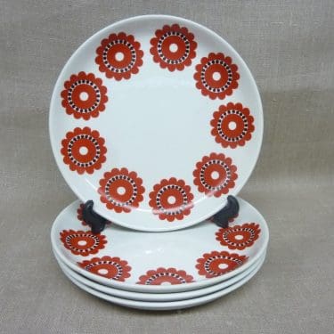Arabia KM lautanen, punainen, 4 kpl, suunnittelija Göran Bäck, retro
