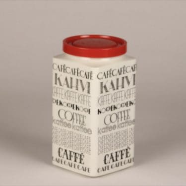 Arabia Kahvi kahvipurkki, mustavalkoinen, suunnittelija Esteri Tomula, serikuva, tekstikoriste