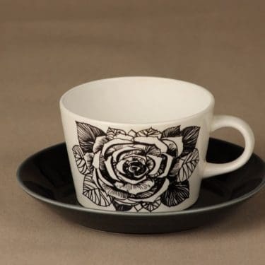 Arabia Musta ruusu teekuppi, mustavalkoinen, suunnittelija Esteri Tomula, serikuva