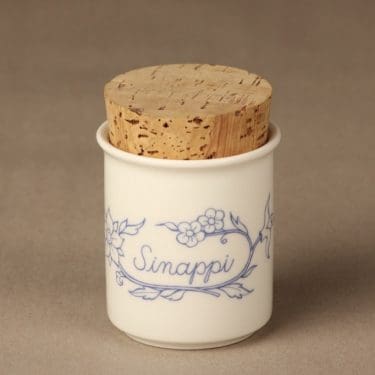 Arabia Sininen keittiö maustepurkki, sinappi, suunnittelija Raija Uosikkinen, sinappi