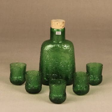 Nuutajärvi Fauna karahvi ja 5 lasia, vihreä, suunnittelija Oiva Toikka,