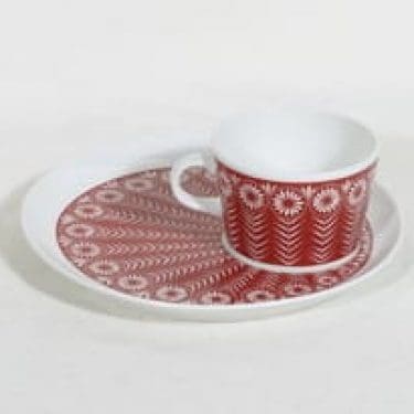 Arabia Riikinkukko kuppi ja lautanen, punainen, suunnittelija Raija Uosikkinen, siirtokuva