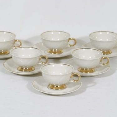 Arabia Kultakoriste mokkakupit, kermanvalkoinen, 6 kpl, suunnittelija Svea Granlund,