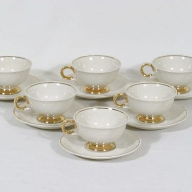 Arabia Kultakoriste mokkakupit, kermanvalkoinen, 6 kpl, suunnittelija Svea Granlund,