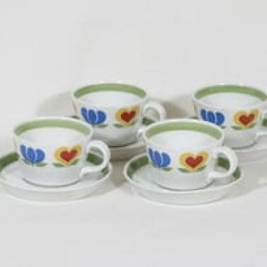 Arabia Könni kahvikupit, 4 kpl, suunnittelija Raija Uosikkinen, serikuva