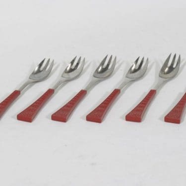 Hackman Colorina haarukat, 6 kpl, suunnittelija Nanny Still, pieni, punainen muovivarsi