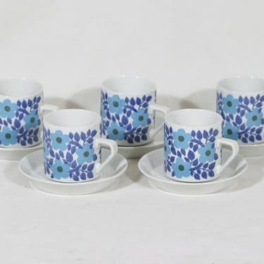 Arabia Ahmet kahvikupit, sininen, 5 kpl, suunnittelija Raija Uosikkinen, serikuva, retro