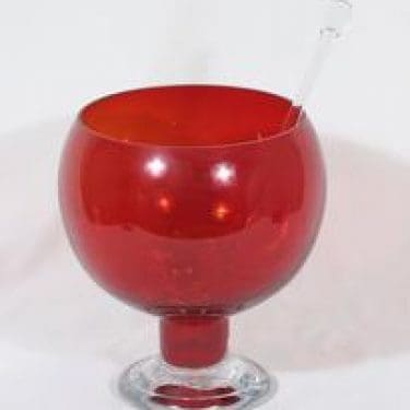 Riihimäen lasi Old King Cole boolimalja ja kauha, punainen, suunnittelija Erkkitapio Siiroinen, suuri