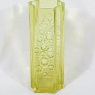 Riihimäen lasi Presto maljakko, keltainen, suunnittelija Tamara Aladin, massiivinen, retro