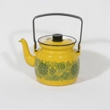 Finel Primavera kahvipannu, keltainen, suunnittelija Raija Uosikkinen, serikuva, retro