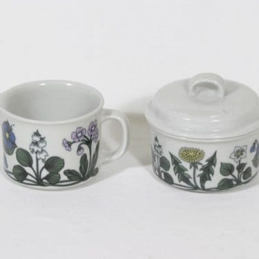 Arabia Flora sokerikko ja kermakko, suunnittelija Esteri Tomula, serikuva