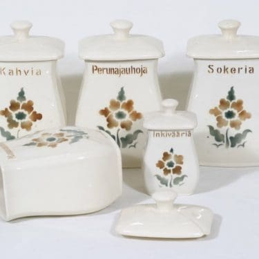 Arabia EG jauho- ja maustepurkkeja, kukkakuvio, 4+1 kpl, suunnittelija , kukkakuvio, puhalluskoriste