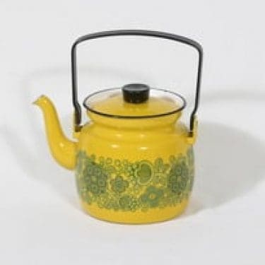 Finel Primavera kahvipannu, keltainen, suunnittelija Raija Uosikkinen, pieni, serikuva, retro