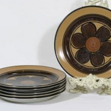 Arabia Kalevala lautaset, matala, 6 kpl, suunnittelija Anja Jaatinen-Winquist, matala, käsinmaalattu, signeerattu, retro