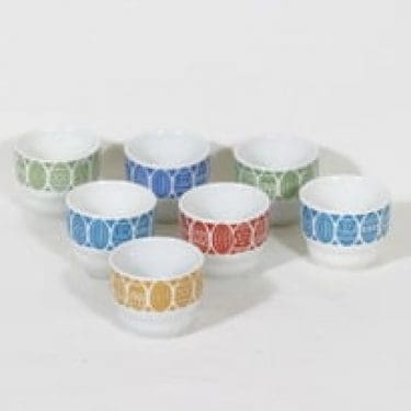 Arabia Kauno munakupit, eri värejä, 7 kpl, suunnittelija Raija Uosikkinen, painokoriste