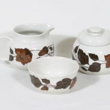 Arabia Tea for two sokerikko, kermakko ja makeisrasia, ruskea, suunnittelija Gunvor Olin-Grönqvist, serikuva