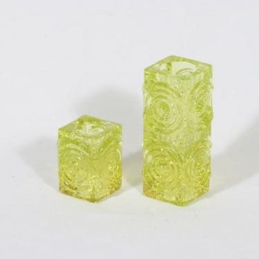 Riihimäen lasi Rengas kynttilänjalat, keltainen, 2 kpl, suunnittelija Tamara Aladin, retro