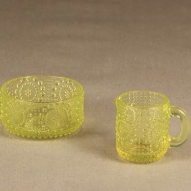 Riihimäen lasi Grapponia sokerikko ja kermakko, keltainen, suunnittelija Nanny Still,