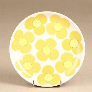 Arabia Aurinko lautanen, keltainen, suunnittelija Esteri Tomula, serikuva