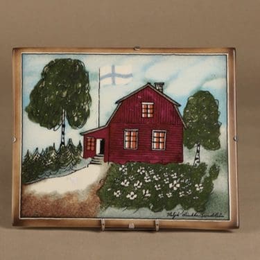 Arabia seinälaatta, Punainen tupa ja perunamaa, suunnittelija Heljä Liukko-Sundström, Punainen tupa ja perunamaa, suuri, signeerattu, taloaihe