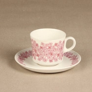 Arabia Leena kahvikuppi, vaaleanpunainen, suunnittelija Raija Uosikkinen, serikuva