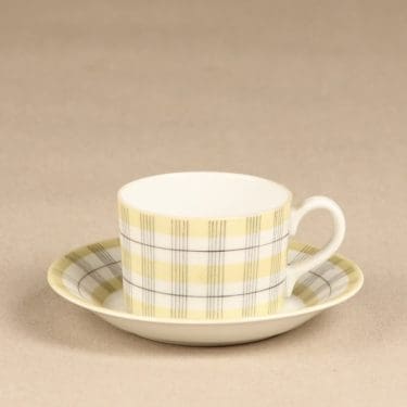 Arabia Verkko kahvikuppi, keltainen, sininen, suunnittelija Esteri Tomula, käsinmaalattu