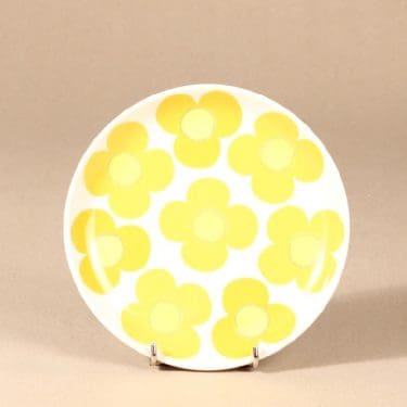 Arabia Aurinko pullalautanen, keltainen, suunnittelija Esteri Tomula, serikuva