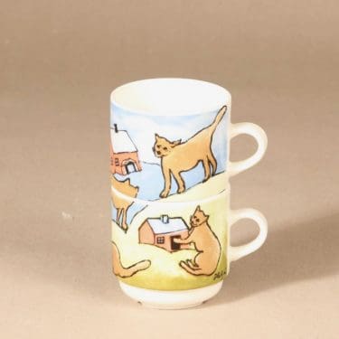 Arabia muki, 2-osainen|pinottava, suunnittelija Heljä Liukko-Sundström, 2-osainen, pinottava, serikuva, kissa-aihe, kuppileikki