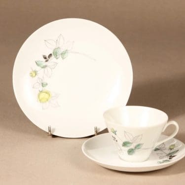 Arabia Julia kahvikuppi ja lautaset, käsinmaalattu, suunnittelija Hilkka-Liisa Ahola, käsinmaalattu, kukka-aihe, signeerattu